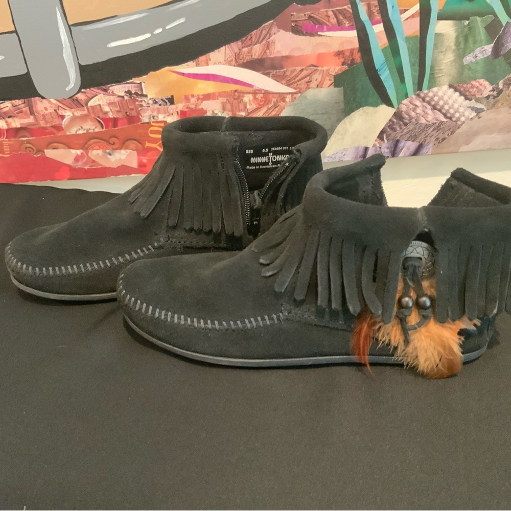 Minnetonka Black Fringe Ankle Boots with Orange Feather